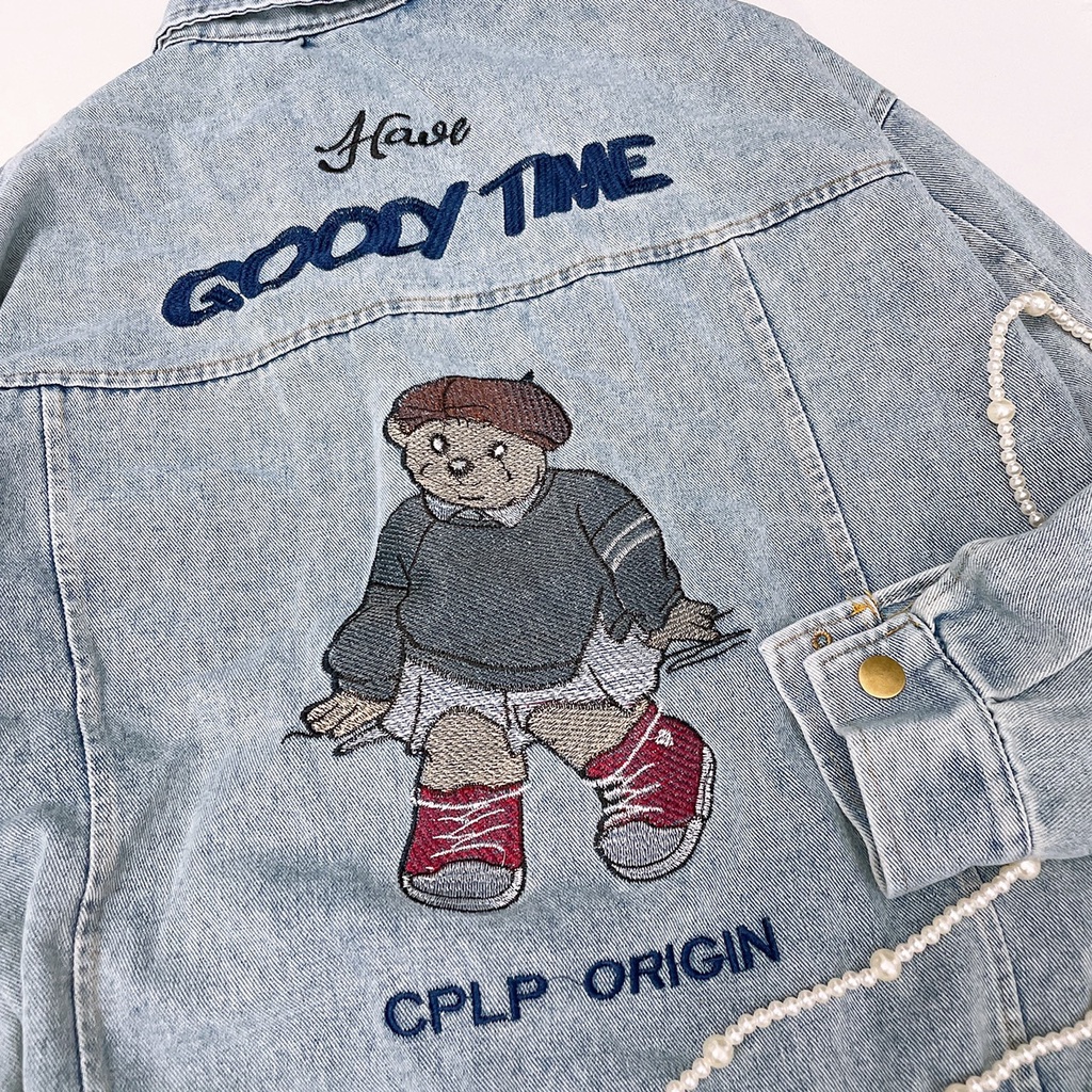 Áo Khoác Jeans Nữ Thêu Gấu 🦋 Áo Sơ Mi Bò Nữ Dáng Rộng Dài Tay 🦋
