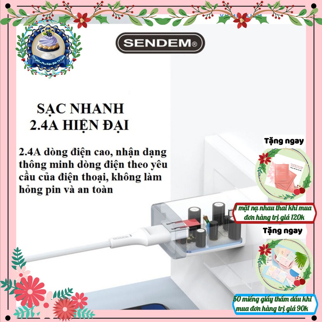 Bộ Sạc Nhanh iphone C66 Sendem - Sạc nhanh thông minh 2.4A, dây cáp sạc dài (1M)