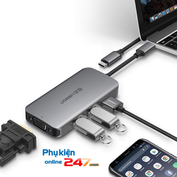 Bộ chuyển đổi USB type C to VGA USB 3.0 kèm cổng sạc cho máy