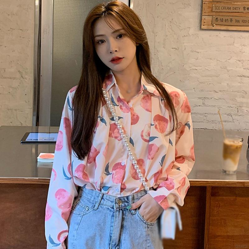 Áo Sơ Mi Tay Dài Dáng Rộng In Hình Quả Đào Kiểu Hàn Quốc Dễ Thương Cho Nữ