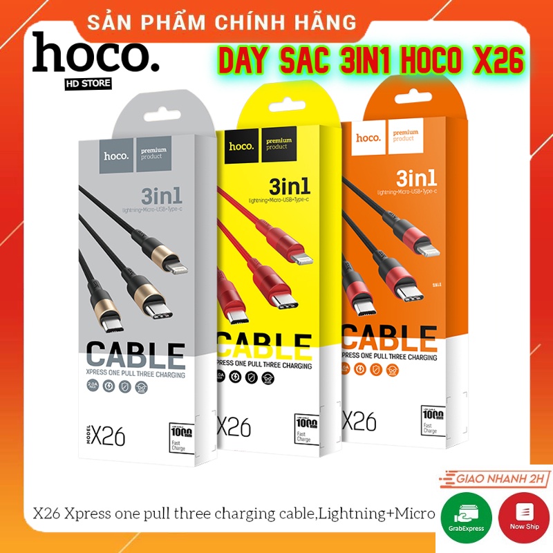 Cáp Sạc Đa Năng Và Truyền Dữ Liệu 3in1 Hoco X26/Type-C/Micro Dây Dù Siêu Bền Dài 1M Hàng Chính Hãng. Bảo Hành 12 Tháng