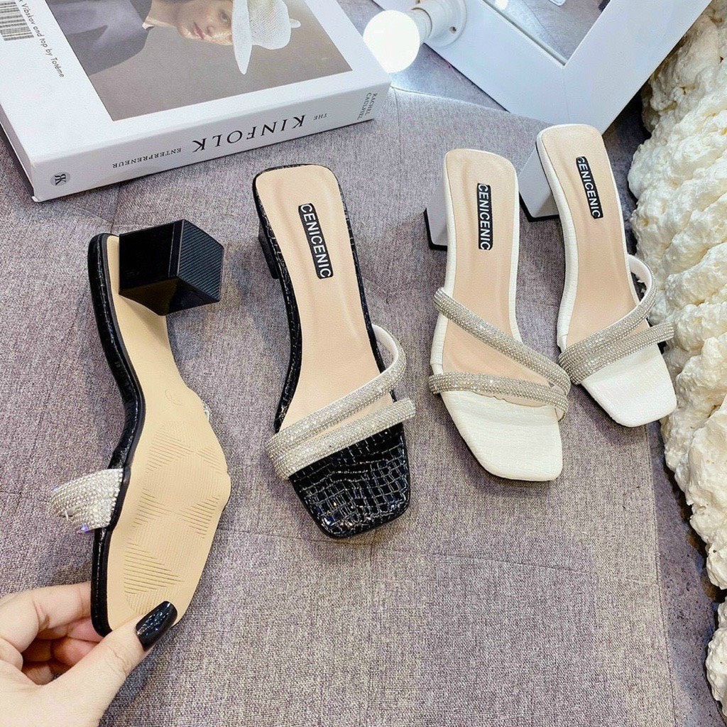 Giày cao gót hot trend đính đá 5 phân, sandal cao gót quai đá, guốc cao gót Chị Đẹp Store mã B5