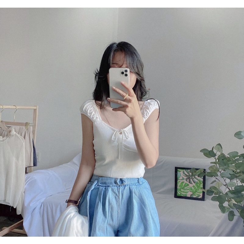 Áo croptop nhún ngực cộc tay phồng chất thun len gân