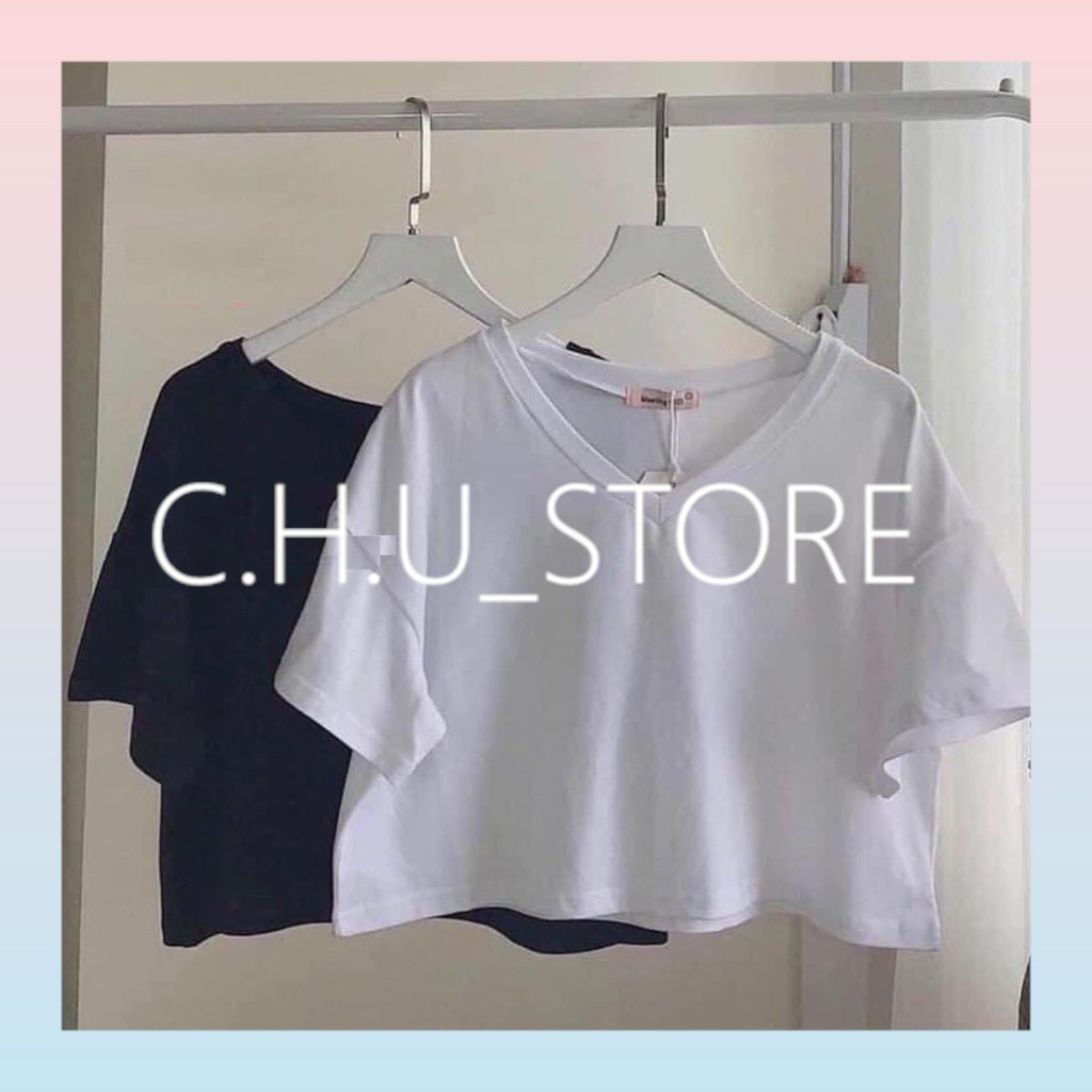 Áo Croptop Cổ Tim chustore Nữ [FREESHIP] 🌸 Thun cộc tay basic chữ V, phông trơn ngắn màu ĐEN | TRẮNG