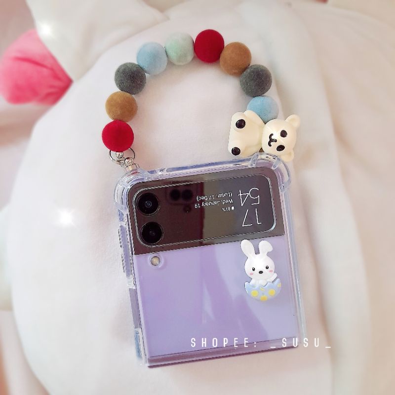 Ốp chống sốc Samsung Z Flip 4 - Z Flip 3 - ZFlip3 - Flip4 5G charm thỏ kèm dây gấu nhung dễ thương