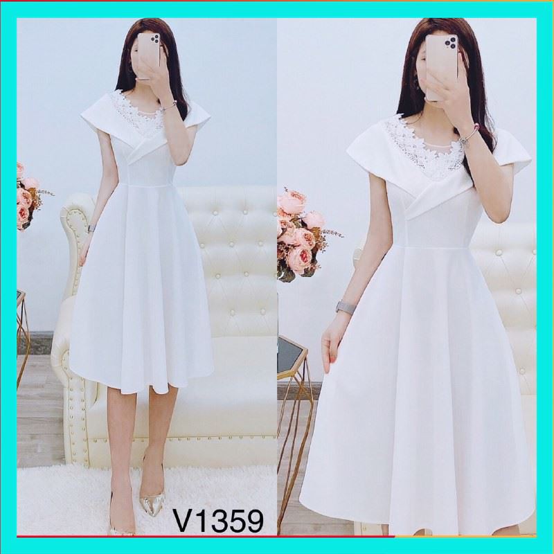 Đầm Trắng Cổ V Đính Ren Hoa Sang Chảnh Kèm Ảnh Thật Chất Lượng