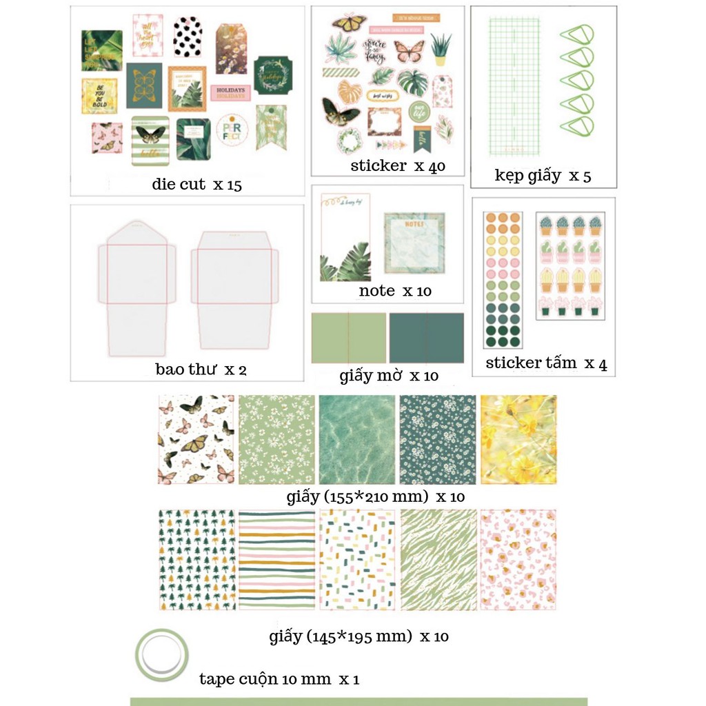 SET STICKER VÀ GIẤY TRANG TRÍ SCRAPBOOK, PLANNER, THIỆP 10 MÓN