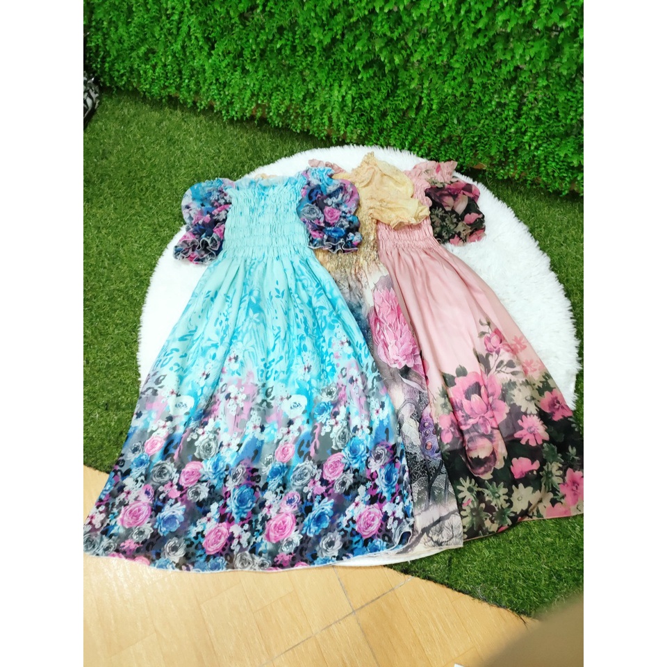 Đầm trễ vai hoa nhí ( hình + video thật) , Váy maxi trễ vai đẹp.