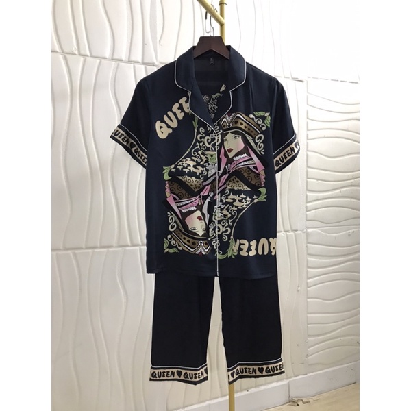 Pijama cộc dài beo xanh lụa cao cấp quảng châu