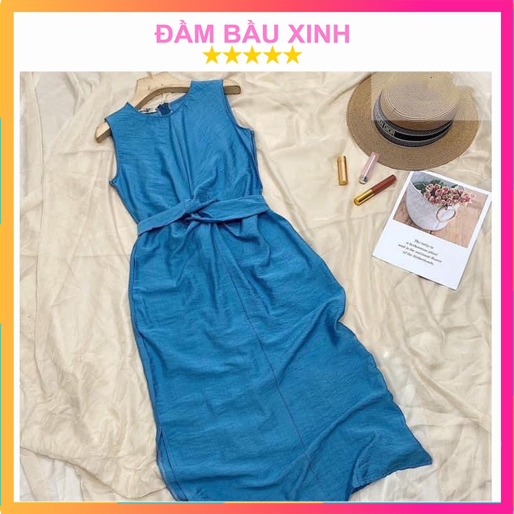 Đầm Đũi Suông Xoắn Eo Váy Sát Nách Dây Buộc Thắt Eo Xanh Cô Ban Xinh Xắn