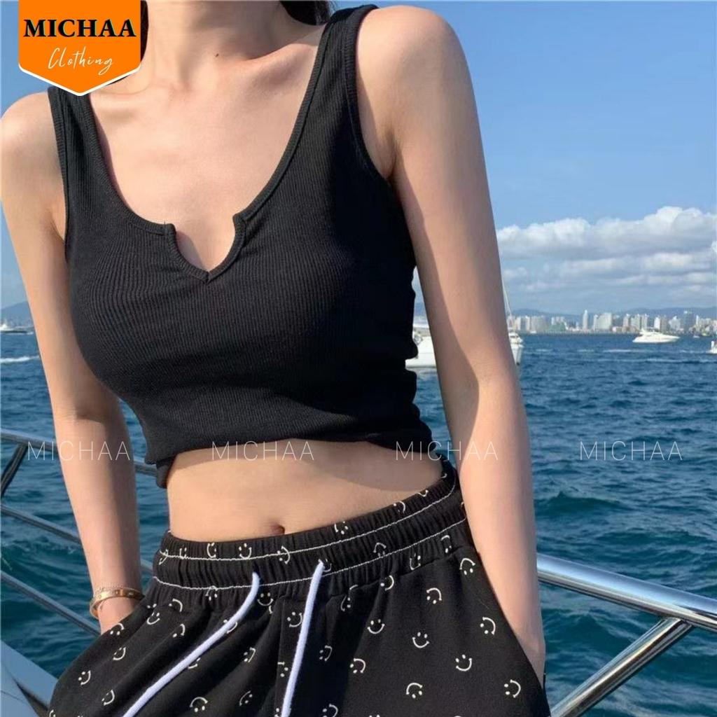 Áo Croptop Ba Lỗ XẺ CỔ CHỮ V Nữ Thun Gân Kiểu Ôm Body Sexy Ulzzang - MICHAA