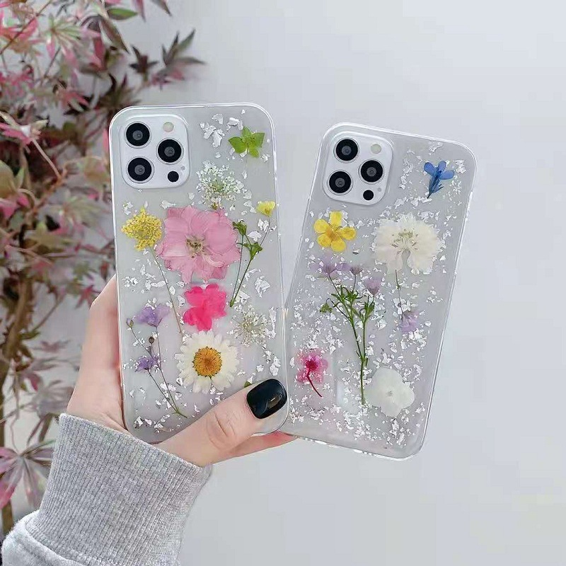 Real Dried Flowers Silver Foil Case For iPhone 12 11 Pro Max SE2020 XR XSMAX X 7 8 Plus Transparent Cover