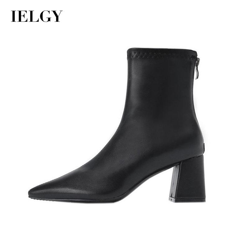 Giày bốt ngắn IELGY thời trang gót dày phong cách Pháp phối dây khóa kéo phía sau dành cho bạn nữ