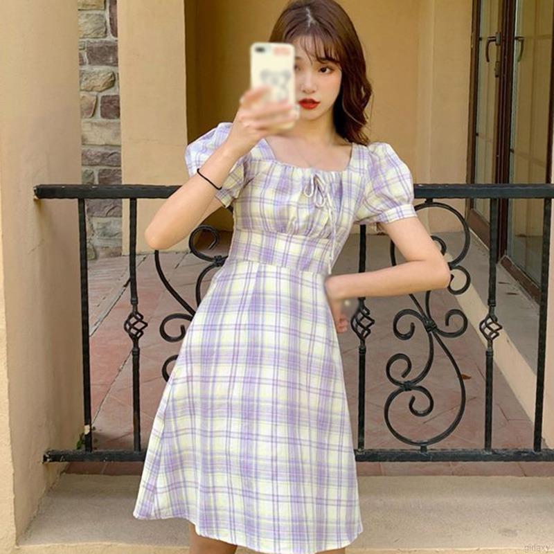 Đầm nữ tay ngắn kẻ sọc phong cách Hàn Quốc