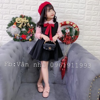 Váy tiểu thư bé gái tay hồng cổ nơ cực xinh