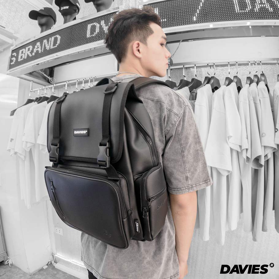 Balo đi học da nam nữ Davies màu đen Leather Box Backpack |D-P35