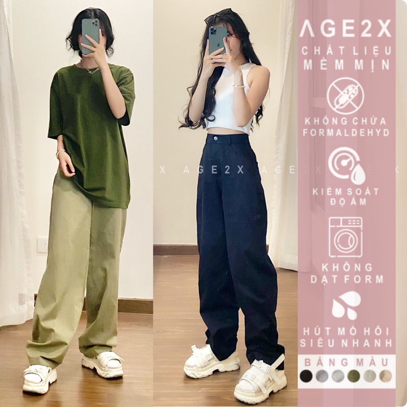 18.Quần ống rộng suông nữ lưng cao khóa trước 1 khuy vải kaki cotton mềm mát chính hãng AGE2X Hot Hit 2022