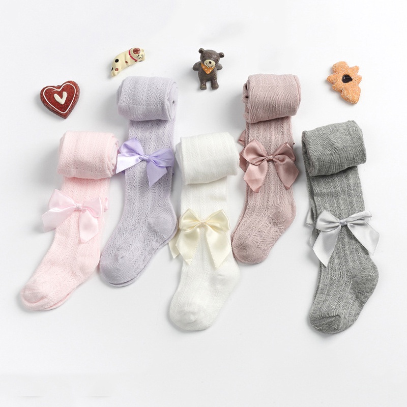 Quần vớ bó cotton lưới mềm mại thoáng khí đính nơ màu trơn thời trang dành cho bé gái