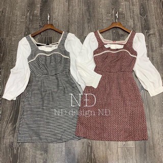 Váy dạ cổ vuông pha tay dài Hàn Quốc