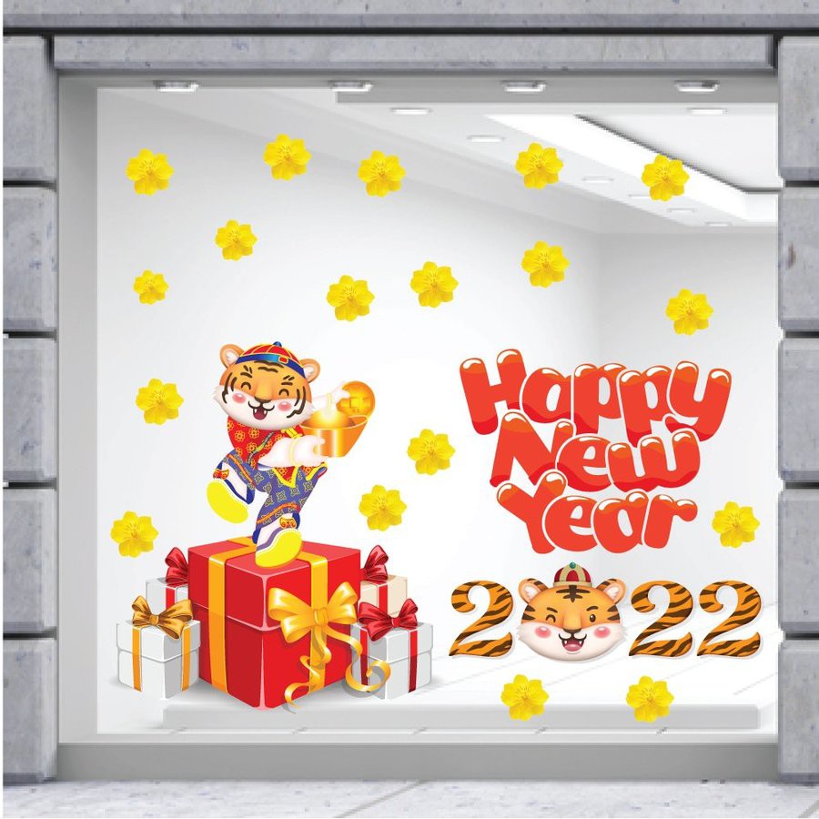 Decal Trang Trí Tết Bé Múa Lân Và Thần Tài Đón Tết - Decal tết cao cấp không viền trắng có sẵn keo sẵn [Hỗ trợ xuất VAT] | BigBuy360 - bigbuy360.vn