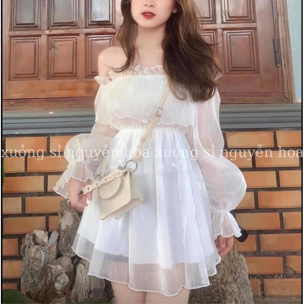 Áo babydoll trễ vai trắng chất voan tơ lụa 2 lớp phong cách tiểu thư dễ thương Xưởng Sỉ Nguyễn Hoa