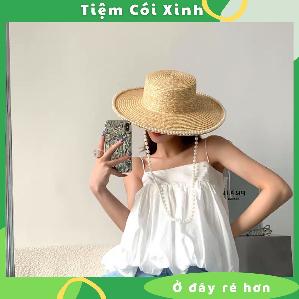 Mũ cói vành rộng viền ngọc kèm dây ngọc xinh xắn