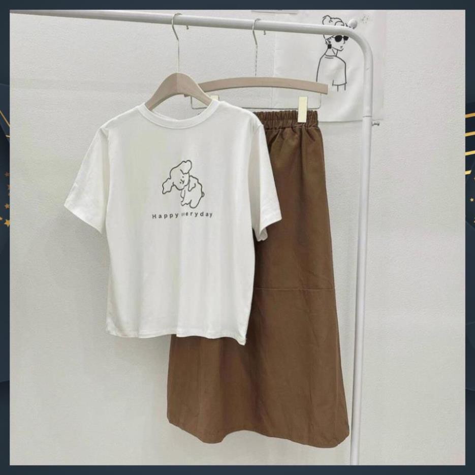 [free ship] Set Bộ Áo Thun Mix  Chân Váy Nâu Cạp Chun Hàng QC Loại 1 | BigBuy360 - bigbuy360.vn