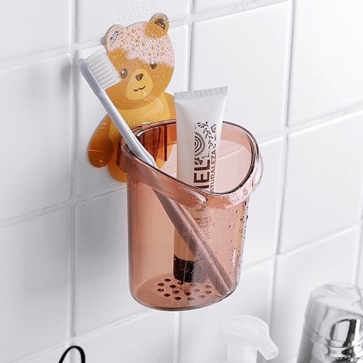 Cốc gấu dán tường để bàn chải đánh răng, đồ dùng vệ sinh cá nhân có lỗ thoát nước tiện lợi