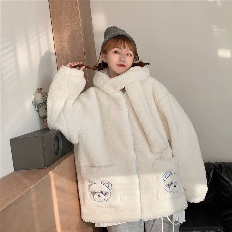 Áo khoác lông nữ kèm khăn xinh xắn dễ thương Áo khoác lông cừu Hàn Quốc BEAR - CUTE_ZOO