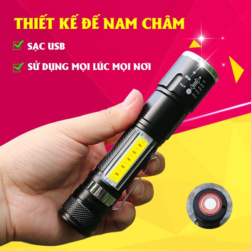 Đèn Pin Led Siêu Sáng Chip COB Sạc USB, Nam Châm Siêu Hút, Cho Thợ Sửa Ô tô, Máy Móc Cơ Khí - Gắn Vào Xe Đạp