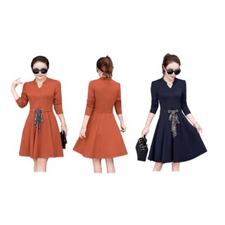 Bán sỉ Đầm cổ trụ xòe dài tay đai eo thắt khăn DVNL13