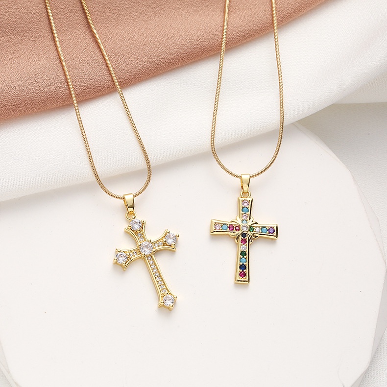 XiaoboACC Vòng Cổ Bằng Thép Không Gỉ Mạ Vàng Mặt Thánh Giá/ Xương Rắn Đính Đá Zircon Chống Dị Ứng Thời Trang Cho Nữ - 50cm