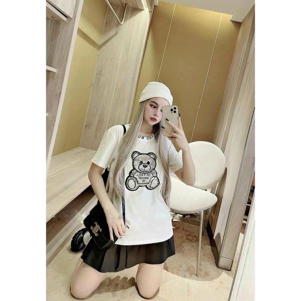 Áo Phông Nữ Phom Rộng , Áo Pull Gấu Đính Kim Sa Siêu Hót Chất Mát Mịn Co Dãn 4 Chiều