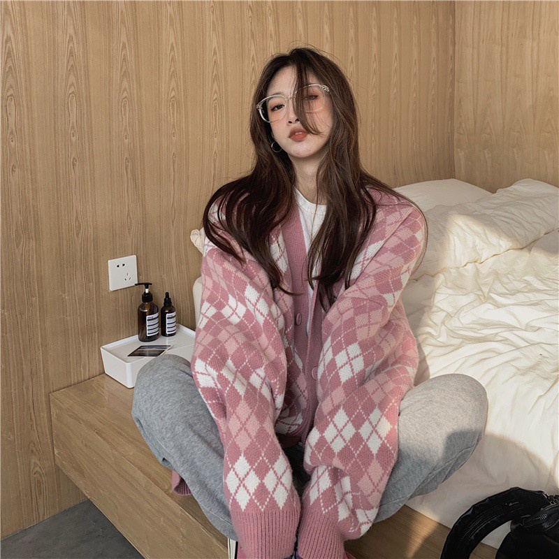 Áo Khoác Cardigan Dệt Kim Dáng Rộng Màu Sắc Tương Phản Phong Cách Retro Cho Nữ