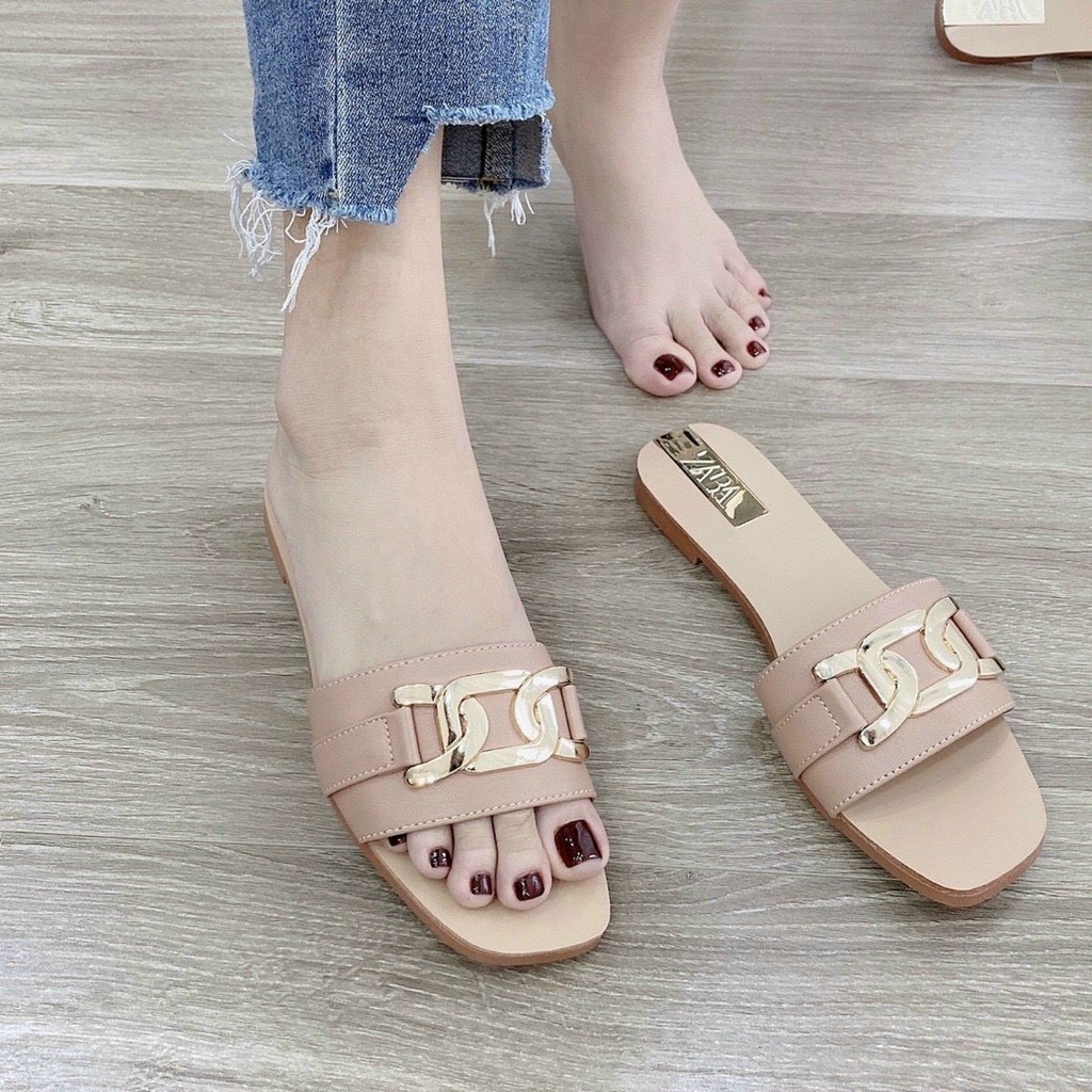 Dép lê đế bệt da mịn quai ngang xích xoắn