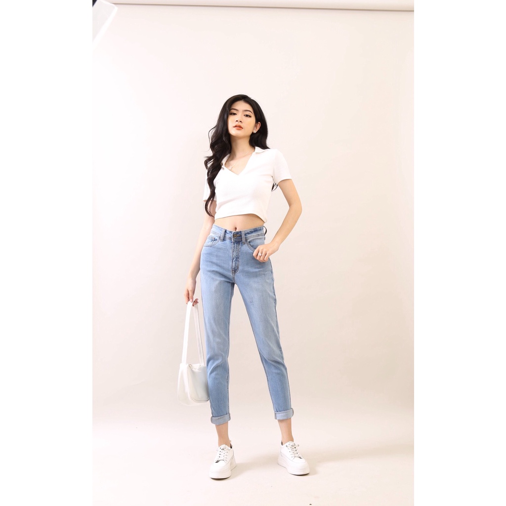 Quần jean nữ boyfriend baggy xước 9 tấc co giãn CT JEANS