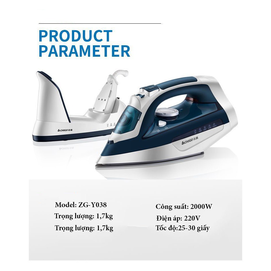 Bàn Ủi Hơi Nước CHIGO ZG-Y038 Thiết Kế Tháo Rời Không Dây, Công Xuất lớn 2000W - Hàng Chính Hãng
