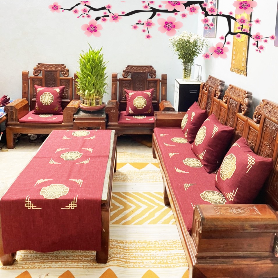 Đệm trải Ghế Gỗ, trường kỷ, sofa Thảm Trải Ghế ( Ruột Đệm Cao Su Đàn Hồi ) Trang Trí Tết Siêu Đẹp ( Bộ 1 dài 2 ngắn )