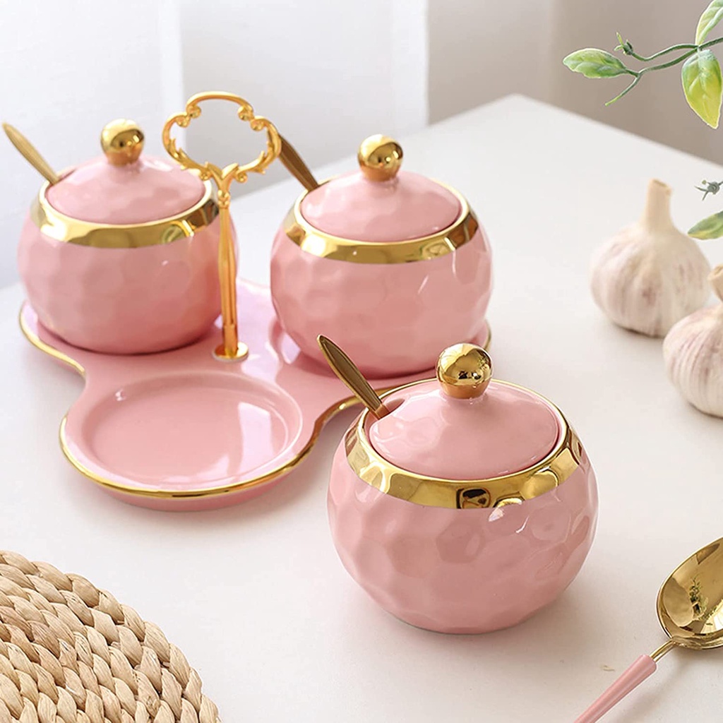 Bộ 3 hũ đựng gia vị sứ tròn nhiều màu viền vàng cao cấp phong cách Bắc Âu