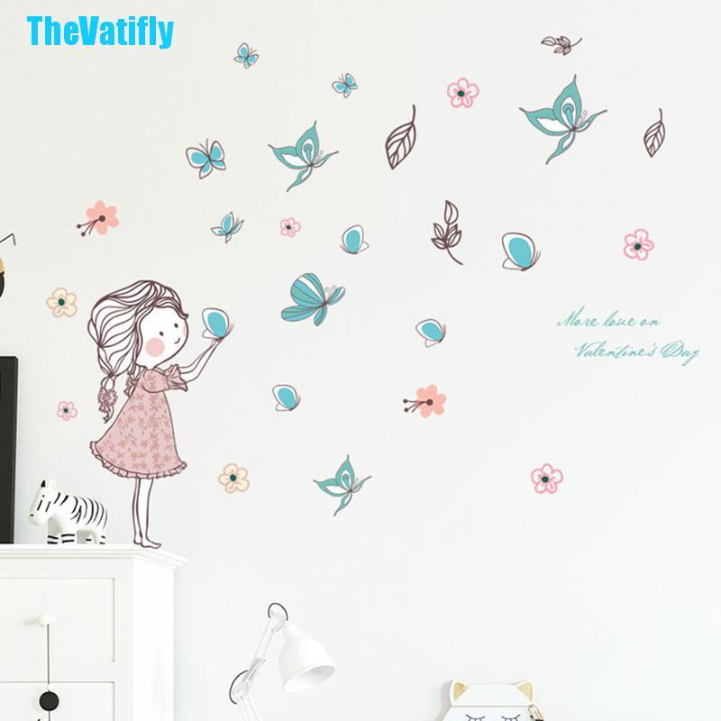 Decal dán tường Họa Tiết Cô Gái Và Bướm Hoạt Hình Dùng Trang Trí Phòng