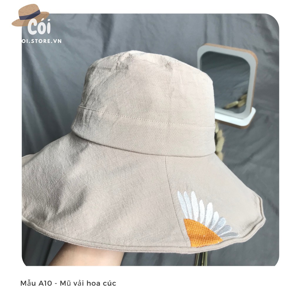 Mũ vải kaki rộng vành kiểu dáng nón Hàn Quốc chất liệu cứng cáp, nón hoa cúc GD form chuẩn, mũ rộng vành màu be mẫu A10