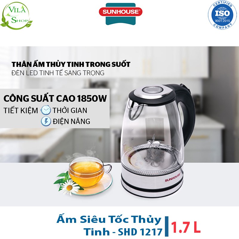 Ấm Siêu Tốc, Ấm Đun Nước Sunhouse SHD1217 - Dung tích 1.7L, Chất Liệu Thủy Tinh Cao cấp Kháng Khuẩn Khử Mùi