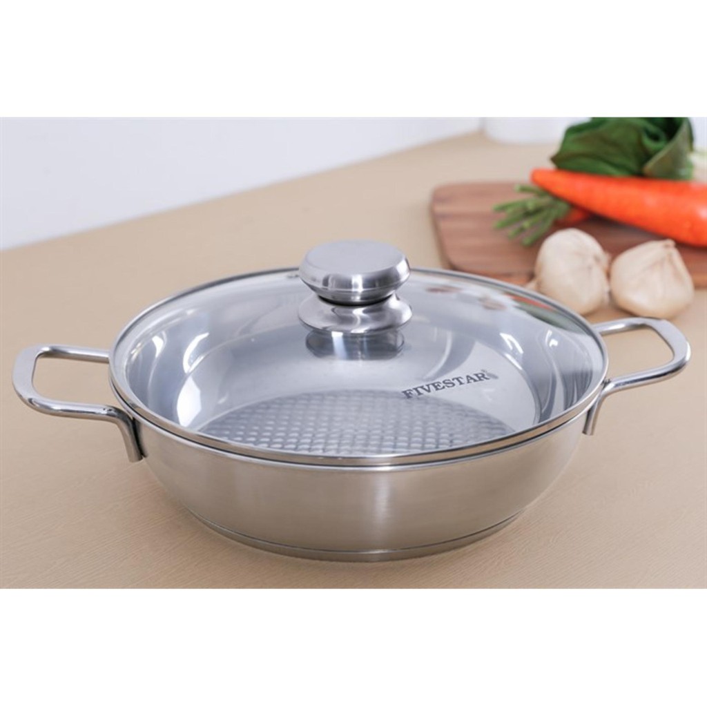 Nồi lẩu inox cao cấp 3 đáy,bếp từ Fivestar Standard 24cm nắp kính.Tặng 2 vá canh inox