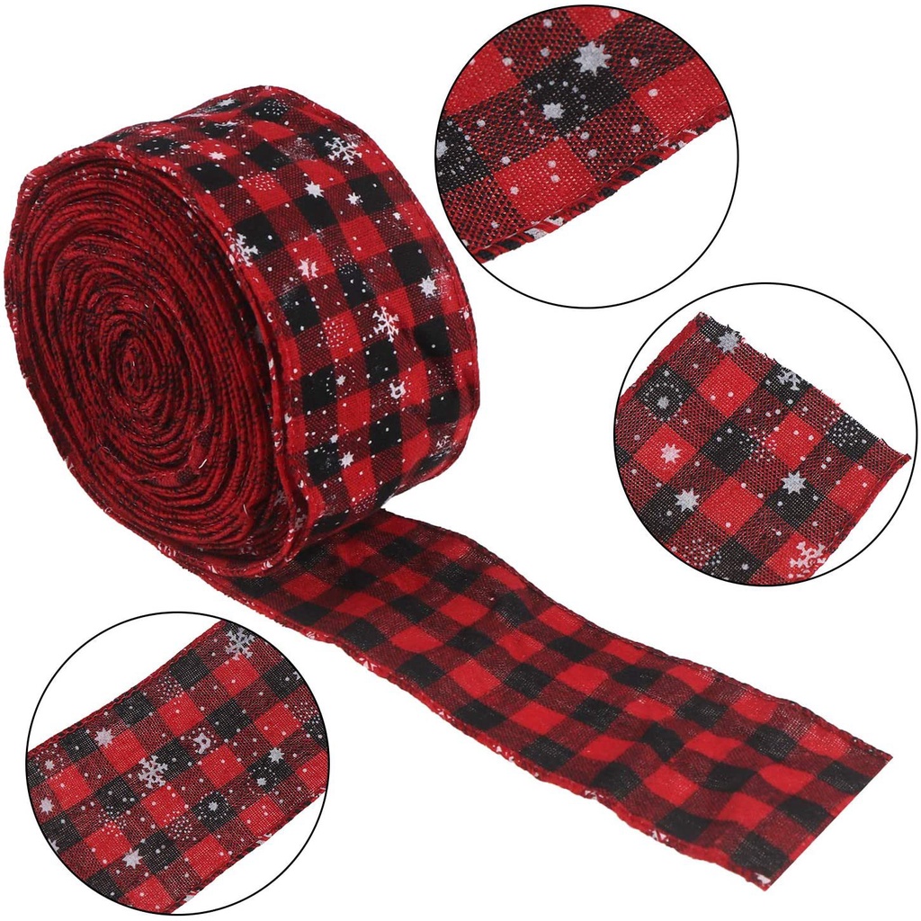 Cuộn dây ruy băng dài 6m họa tiết kẻ sọc ô vuông in hình hoa tuyết trang trí giáng sinh