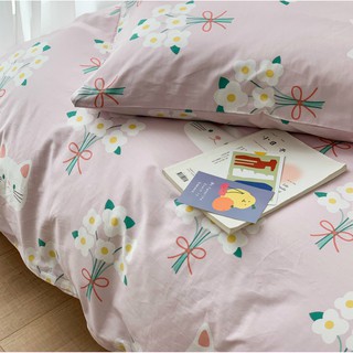 Bộ Chăn Ga Gối Cotton Mèo Hoa Dại Dễ Thương Hàn Quốc