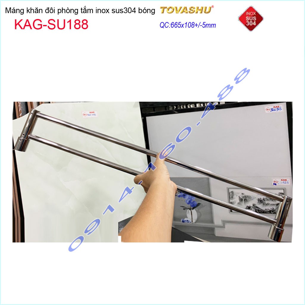 Thanh treo khăn tắm Tovashu KAG-304SU188, Giá treo khăn phòng tắm Inox hộp cao cấp SUS304 Nhật Bản