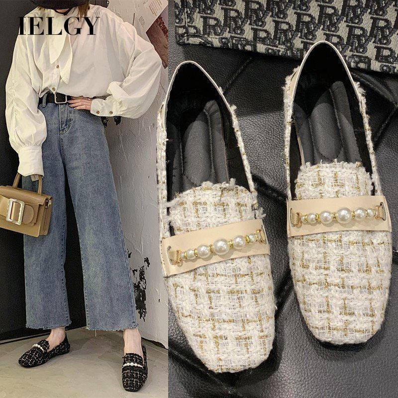 Ielgy Mùa Xuân Miệng Nông Bằng Da Lộn Mũi Vuông Đế Phẳng Đính Hạt Nhỏ Dễ Phối Đồ