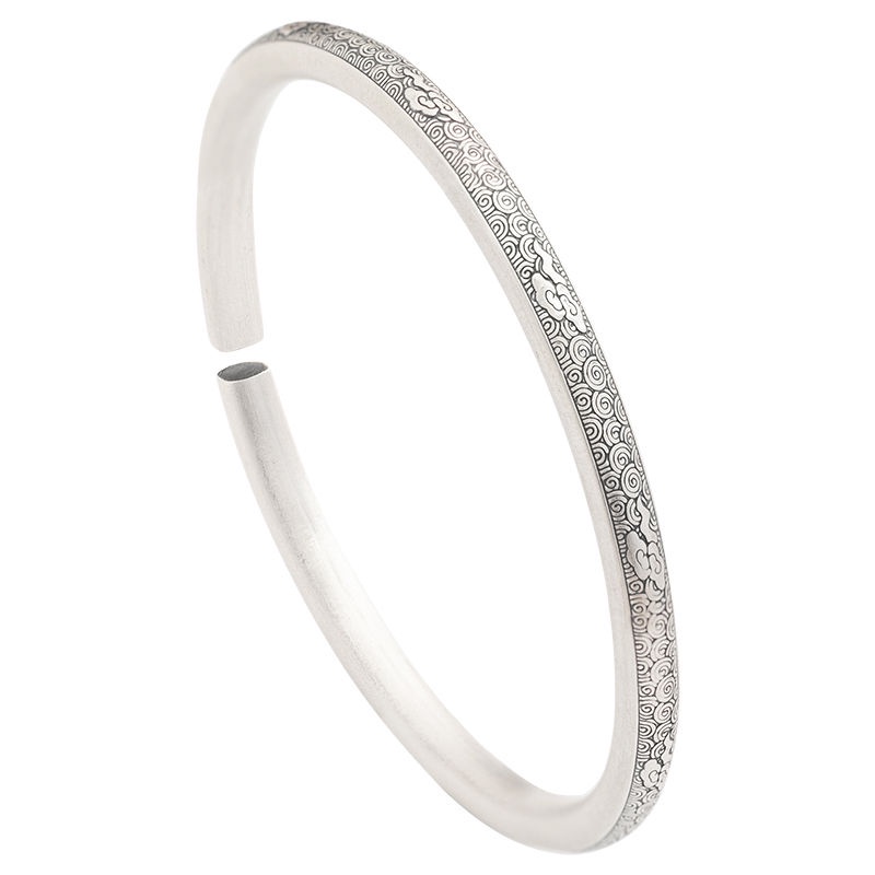 Vòng Tay Hở Mạ Bạc Khắc Hình Đám Mây Và Sóng Biển May Mắn Phong Cách Retro