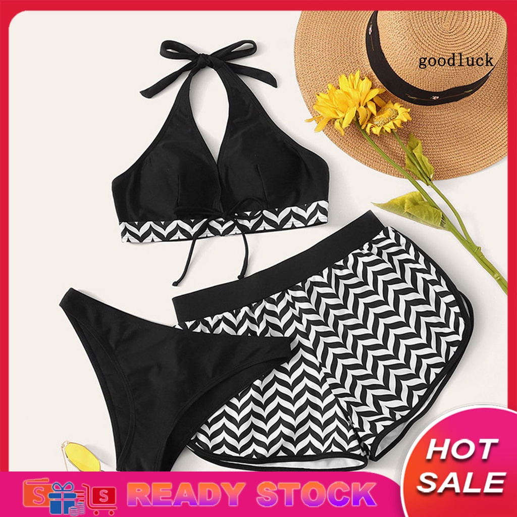 Bộ Đồ Bơi 3 Mảnh Quần Short Lưng Thun Phối Dây Cột Thời Trang Quyến Rũ Cho Nữ