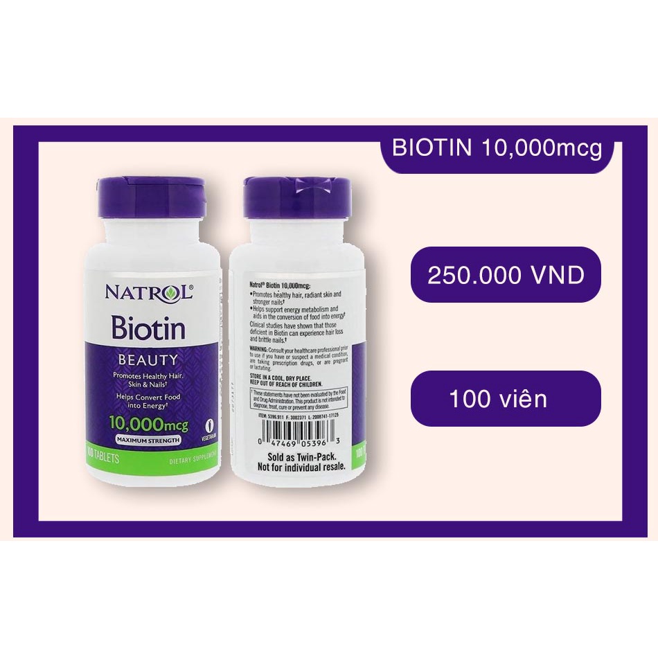 Viên uống mọc tóc móng, giảm gãy rụng Natrol Biotin maximum strength 10,000mcg 100 viên Extaste